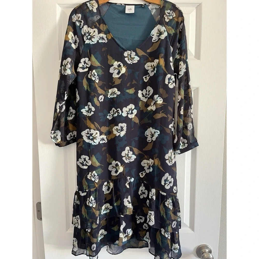 Cabi Dress‎ Womens Small Floral Pirouette Tiered Ruffle Chiffon 3/4 Sleeve Lined